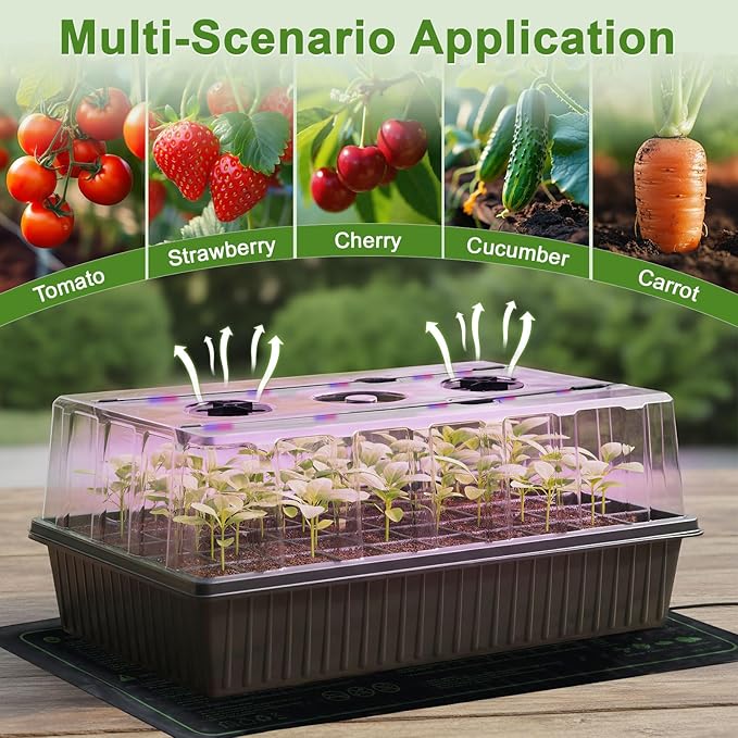 60-Cell Self-Watering Seed Starter Tray with Grow Light, Indoor Seed Starting Kit Trays with Heat Mat, Adjustable Brightness Plant Germination Trays Growing Kit with 4.13" Humidity Dome for Seeds Grow