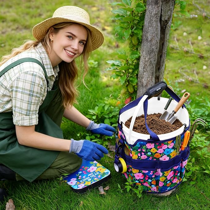 KUNN 5 Gallon Garden Bucket Tool Organizer & Kneeling Pad Set, 18-Pocket Heavy Duty Garden Caddy with Hangable Handle, Polyester Tool Bag with Grip Handle & Gardening Kneeling Pad for Women, Blue