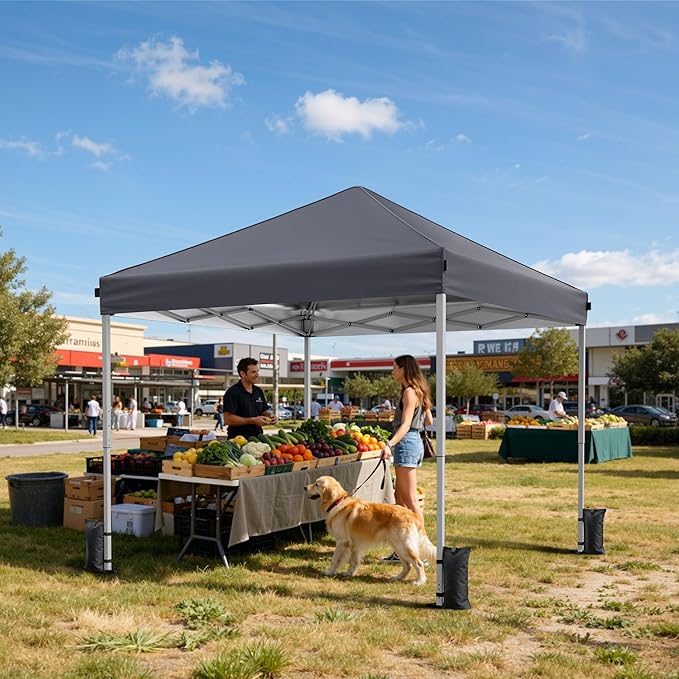 Driftalia 10x10 Pop Up Canopy Tent, Instant Setup Portable Canopy with Carry Bag, 4 Sandbags and 8 Stakes for Outdoor Events, Parties & Camping - Dark Grey