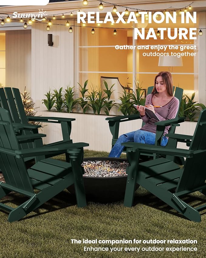 Folding Adirondack Chair, HDPE All-Weather Fire Pit Chairs, Plastic Adirondack Chairs with 2 Cup Holder, Outdoor Lawn Chair for Patio Garden (Green)