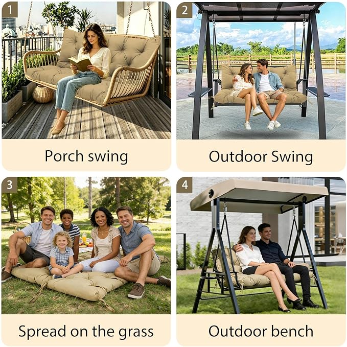 5 Inch Thick Waterproof Patio Porch Swing Cushions, 60x40 Inch 3 Seater Replacement Cushion with Backrest & 8 Ties, Fade-Resistant Outdoor Bench Swing Pad