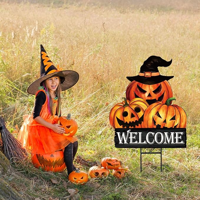 JarThenaAMCS Vintage Halloween Pumpkin Metal Garden Stake Evil Pumpkin Face Decorative Lawn Sign Spooky Welcome Yard Sign for Trick or Treat Home Outside Lawn Porch Decor
