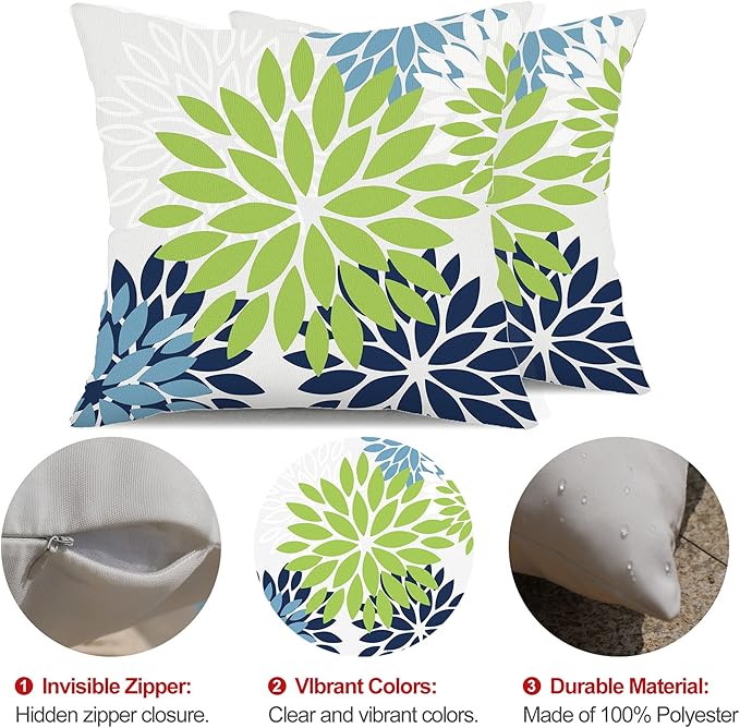DFXSZ Green Blue Flower Pillow Covers 16x16 Inch Set of 2 White Gray Colored Throw Pillows Outdoor Waterproof Decor for Living Room Sofa Patio Funiture Garden Floral Polyester Pillow Covers 002K16