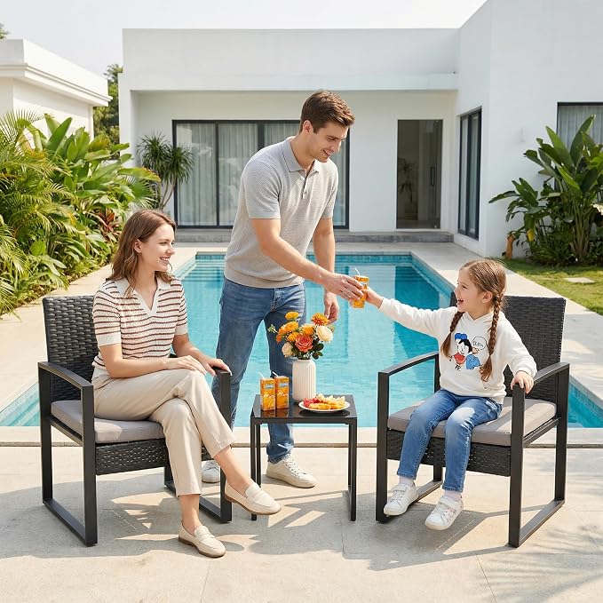 Garvee 3 Pieces Patio Bistro Set, PE Rattan Patio Conversation Set with Tempered Glass Coffee Table, Outdoor Wicker Furniture for Patio Garden Balcony Backyard, Black and Grey