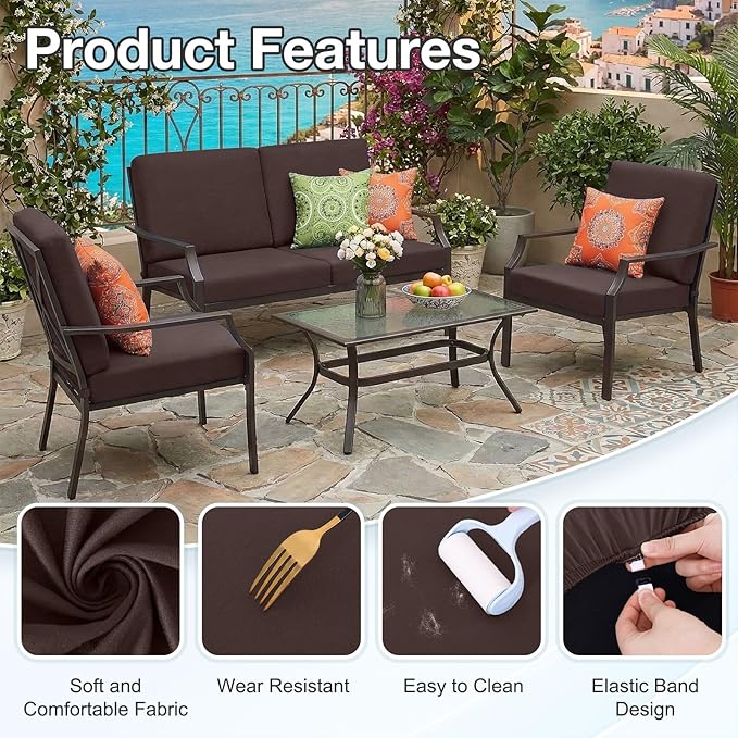 hyha Waterproof Outdoor Cushion Covers for Patio Furniture, Stretch Patio Chair Cushion Slipcovers, Coated UV Resistant Replacement Seat Covers, Solid Color (Coffee, 4PC)