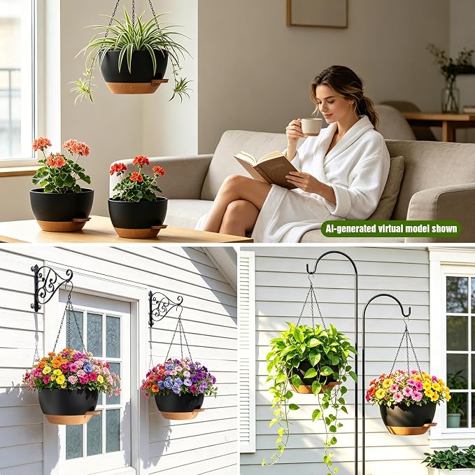 8 Inch Self Watering Hanging Planters, 3 Pack Plastic Plant Pots | Sturdy lightweight pot with side watering lip, drainage holes, snap-on detachable tray & hanging chain for easy care