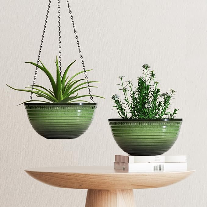 Vanslogreen 12 inch Hanging Planters for Indoor Outdoor Plants, 2 Pack Large Hanging Flower Pots with Drainage Holes and Chain, Glazed Hanging Baskets for Home Garden Decoration, Green