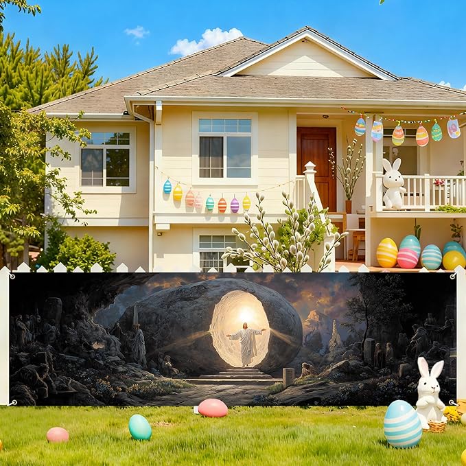 Christian Easter Resurrection Fence Banner 118 x 35 Inch, Large Waterproof Outdoor Religious Banner with Empty Tomb Scene for Yard Church Fence Decorations