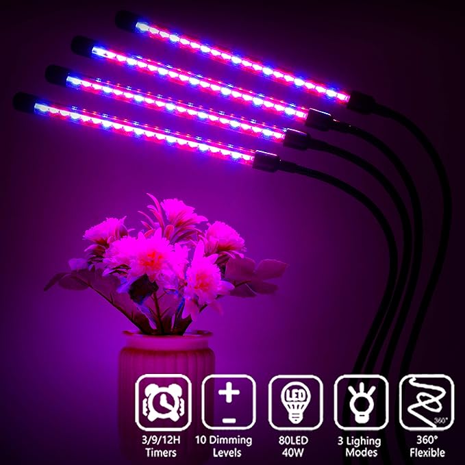 Felibeaco Plant Grow Lights for Indoor Plants Full Spectrum,80 LED Plant Lights for Indoor Growing with Timer, 4 Head Clip Indoor Plant Grow Lamp for House Plants with 3 Lighting Mode/10 Brightness