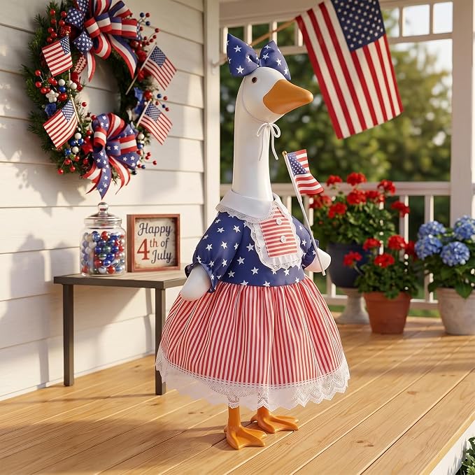 Porch Goose Outfits Clothes for 4th of July Decorations, Patriotic Red White and Blue Porch Goose Dress, 250 Anniversary USA Merchandise Lawn 23 inch Porch Goose Costume Clothing for Patio Yard