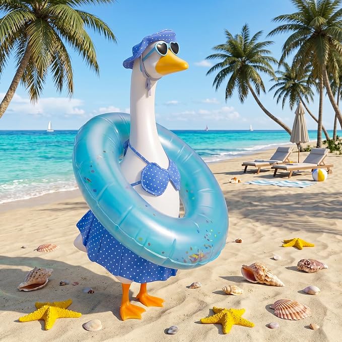 Summer Porch Goose Outfit with Sunglasses and Swim Ring, Hawaiian Bikini 23 inch Porch Goose Costume Clothing for Patio Yard