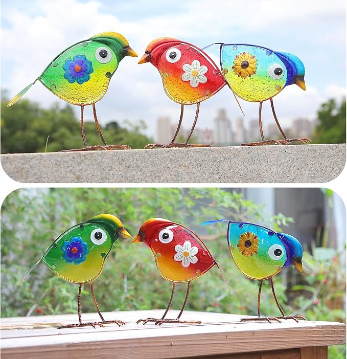 LEGIFO Bird Garden Decor for Outside, Glass & Metal Yard Art Decorations Outdoor Decor for Patio Backyard, Gift for Women Grandma Mom(3 Pack)