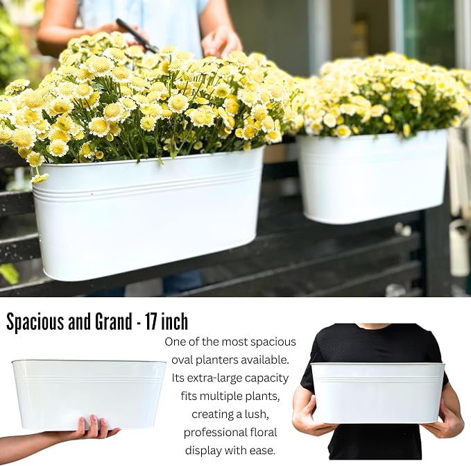 LaLaGreen Outdoor Rail Planter (17 Inch, 3 Pack) Large Porch Railing Planters White Metal Planters Balcony Apartment Hanging Deck Garden Patio Fence Flower Pots Plants Hang Decorations Baskets Pot
