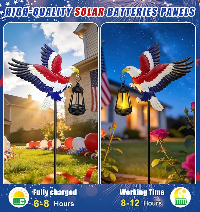 Solar Lights Outdoor Waterproof Eagle Garden Decor,29.9in Metal Eagle with Solar Lights,250th Anniversary America Eagle Patriotic Decorations Outdoor,Decorative Garden Stakes for Yard Art Patio Porch