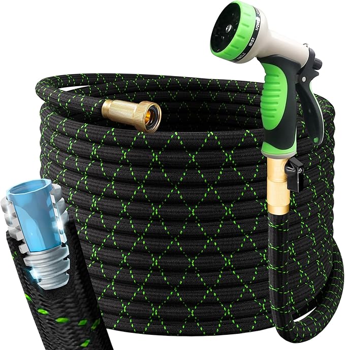 PowerFlow Garden Hose, NON-EXPANDABLE 50 Feet Premium Quality Stainless Steel Metal Water Hose with Durable Fabric Skin, Hose For Commercial, Residential Use, Bonus 10-way Spray Nozzle (50 Ft, Black)