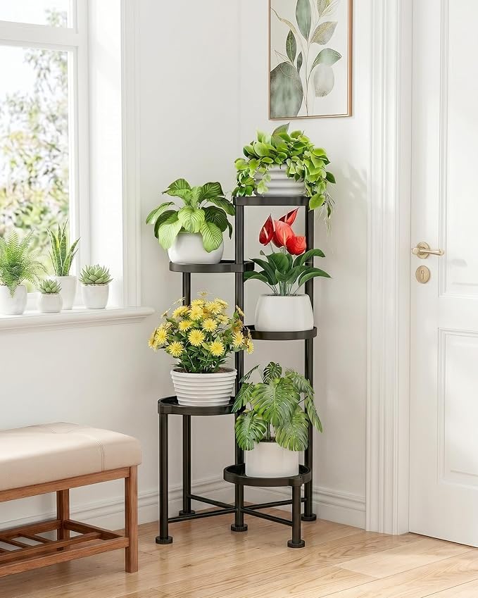 Kitsure Plant Stand Indoor & Outdoor - 5-Tier Plant Shelf with Deep Trays & Leveling Feet, Easy Assembly, Space-Saving Tiered Plant Stand for Bedroom, Living Room, Porch, Black