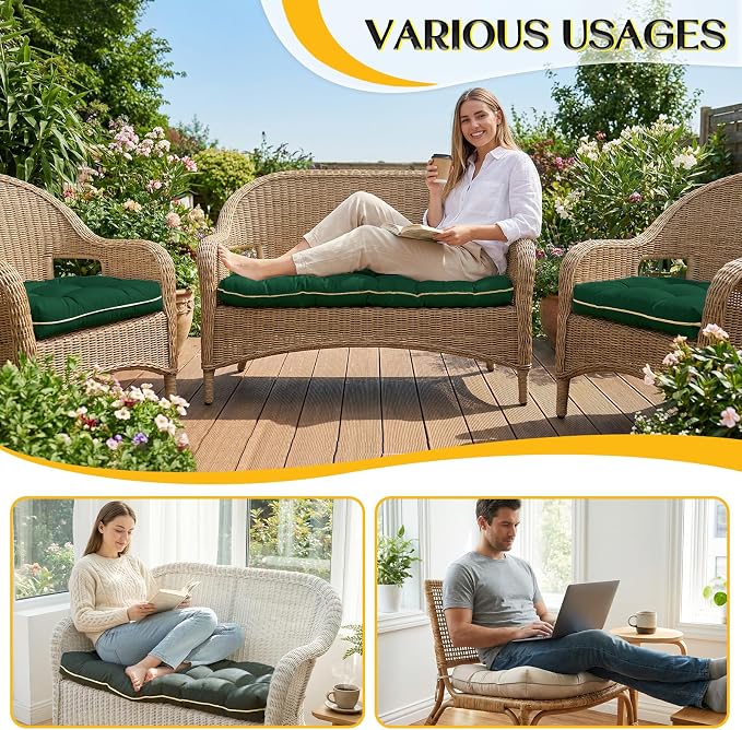 1 MIDDLE ONE Wicker Chair Cushions 3 Pieces Set for Outdoor Furniture, Replacement Patio Wicker Furniture Cushions, 1Pc Loveseat Cushion & 2Pcs Chair Cushions (Green)
