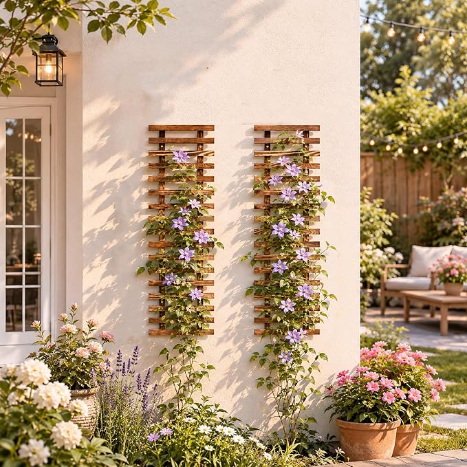 2 Pcs Wall Planter for Indoor Outdoor Plants - Wooden Wall Amounted Plant Holder for Hanging Pots, Vertical Pack Wood Garden Trellis for Climbing Plants Orchid Ivy Vine Rose Patio Home Decor, 35.43"