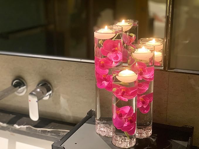 Floating Flower for Table Centerpiece Artificial Light Purple Orchid Glass Cylinder Vase Set with Floating Candles Fake Ice Cubes for Wedding Party Home Bar Restaurant Festival Decoration