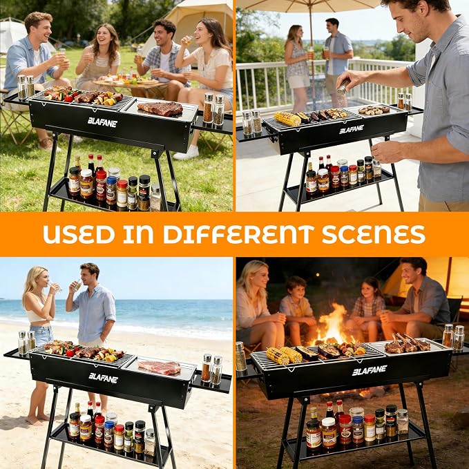 Charcoal Grill, Alloy Steel BBQ Barbecue Outdoor Grilling with Durable Support Frame and Dual Adjustable Vents for Tailgate Patio Beach Backyard(31.6x7.1x5.1 inch with Flat Grill Plate), Black