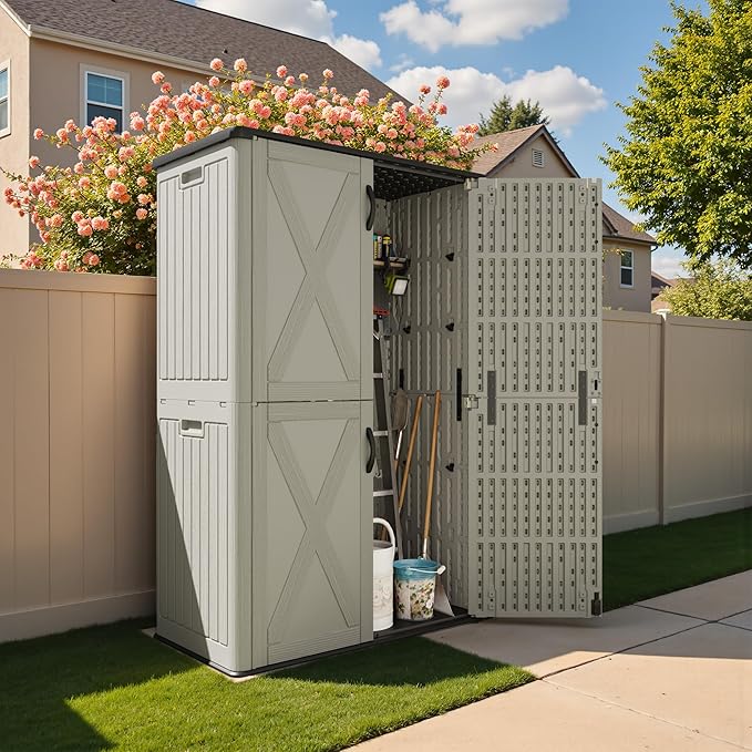 Devoko 50 cu.ft Outdoor Storage Cabinet - Vertical Resin Storage Shed - Holds Patio Furniture, Pool Toys, Garden Tools (Beige) Shelf Not Included