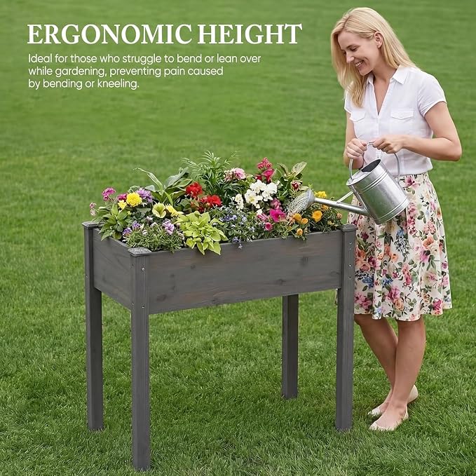 Simple Deluxe Raised Garden Bed with Legs, 34x18x30 Inch Wooden Planter Box with Liner, Elevated Outdoor Garden Box for Patio, Balcony & Backyard Use, Grey