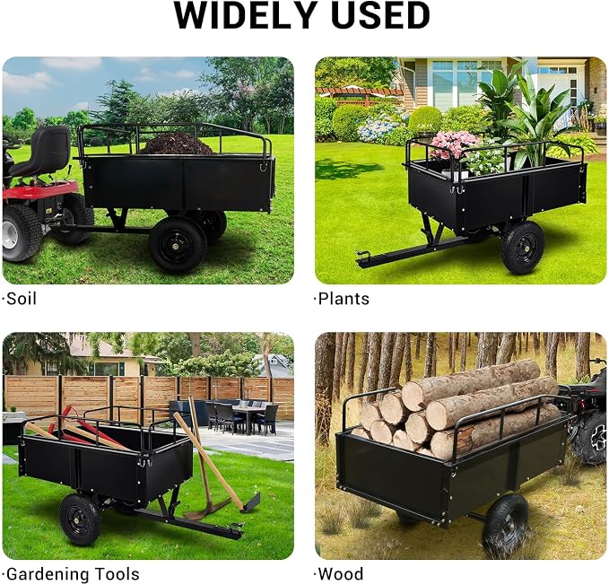 Garvee 750 LBS Garden Cart, 15 cu ft Heavy Duty Steel Dump Cart ATV Trailer with Removable Sides, Hand Pull or Foot Pedal Utility Trailer for ATV, UTV, Lawn Mowers and Tractors