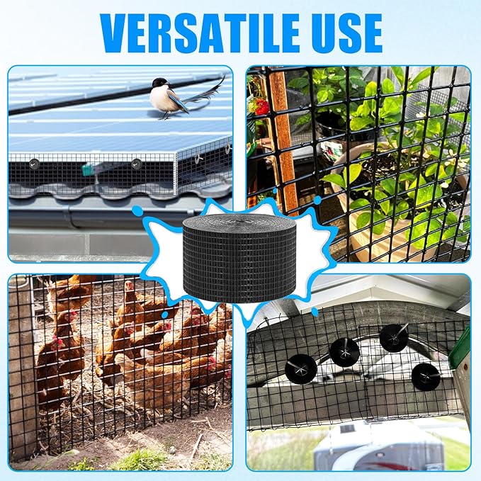 6in X 100ft Solar Panel Bird Guard - 1/2" Black PVC Mesh Galvanized Rust-Resistant Net, Critter Guard for Solar Panels with 70 Fastener Clips, Gloves, Cutting Pliers