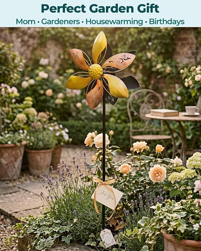 Metal Wind Spinner for Yard, Double-Sided Kinetic Garden Spinner, 37" H Outdoor Yard Decor with 5-Prong Ground Stake, Weather-Resistant Lawn Ornament