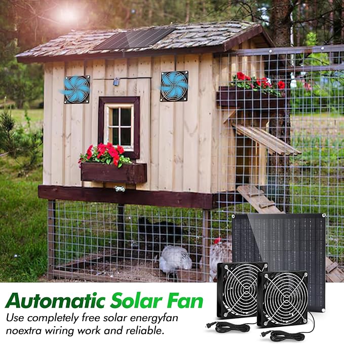 5.5" Solar Fan, Solar Panel Fan, 30W Solar Powered Fan with Dual IPX7 Waterproof Fans for Outside Chicken Coops, Greenhouses, Sheds, Intake or Exhaust Air Fan, Solar Ventilation Fan, Solar Exhaust Fan
