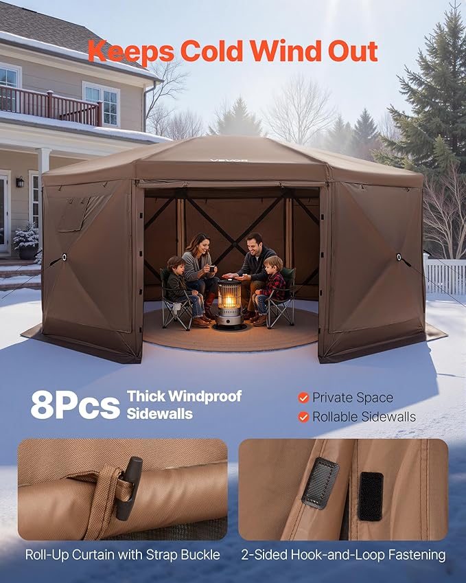 VEVOR Pop up Gazebo Screen Tent, 15 x 15 ft Large 8-Sided Camping Canopy Tent with Removable Top & Carry Bag, Quick-Set & Bite-Proof, Screen House Sun Shelter for 12-15 Persons Backyard Patio, Brown