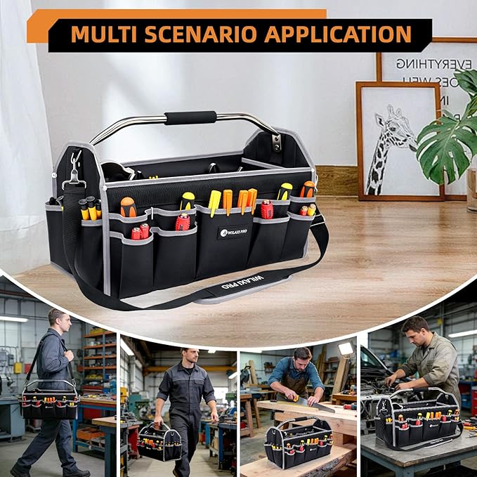 20in Tool Bags For Men Heavy Duty, 22 PCS Pockets Tool Bag Organizer Foldable Open Top Tool Bag With Handle, Wide Mouth Electrician Tool Tote, Grey
