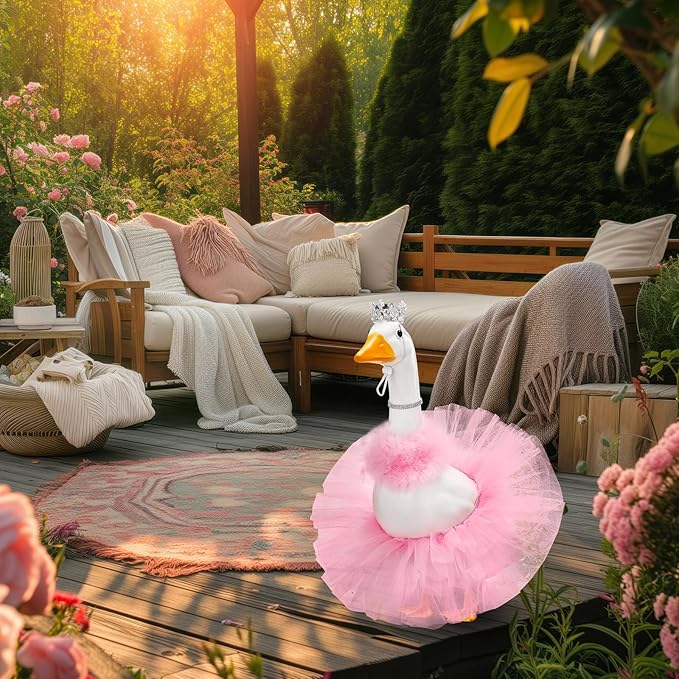 4 Pcs Princess Porch Goose Outfit for 23" 17" Cement Lawn Goose Costume Crown Necklace Tutu Skirt Feather Trim for Princess Outdoor Garden Lawn Art Decor(Pink)