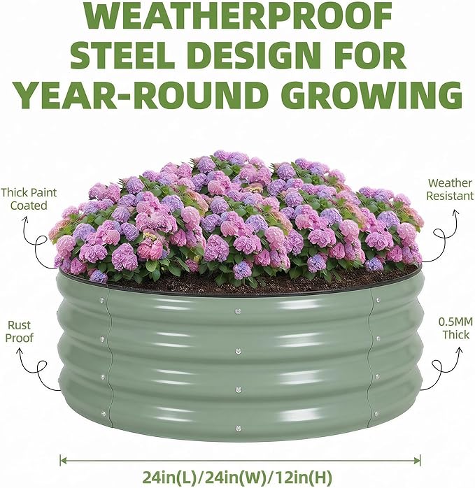 Sponvatt 1Pcs Round Galvanized Raised Garden Bed Kit 24 x 12 Inch Metal Planter Box Outdoor with Safety Rubber Edge Trim Rust Proof Weather Resistant Circular Steel Garden Beds Sage Green 12 Inch Deep
