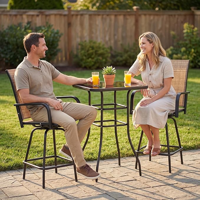 Greesum 3-Piece Patio Bar Set, High Top Table & 2 Swivel Bar Stools with Textilene Fabric, Outdoor Bistro Furniture for Balcony, Backyard, Poolside (Brown)