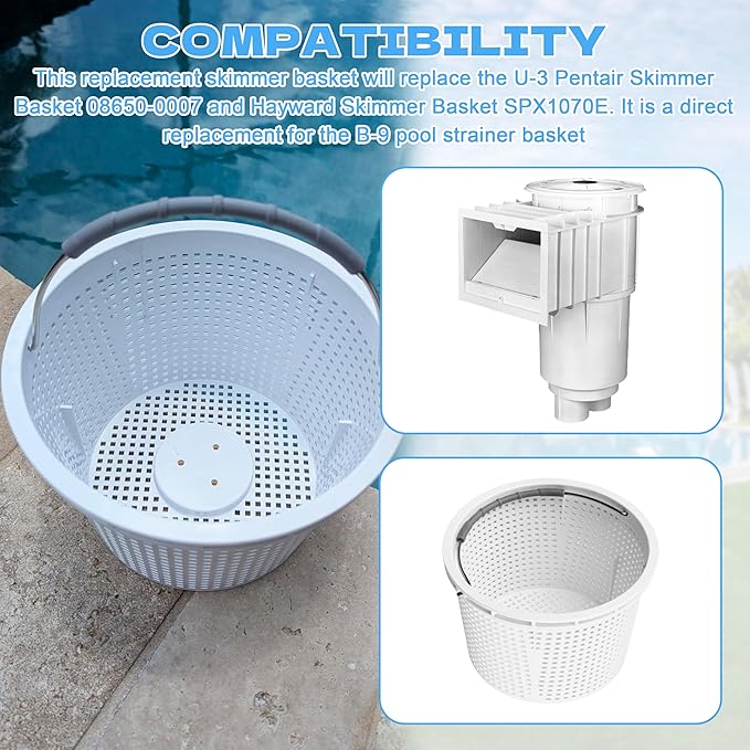 8" Pool Skimmer Basket Replacement for Pentair U-3 & Hayward SP1070 | Heavy-Duty Inground Pool Basket with Weighted Metal Base & 316 Stainless Steel Handle