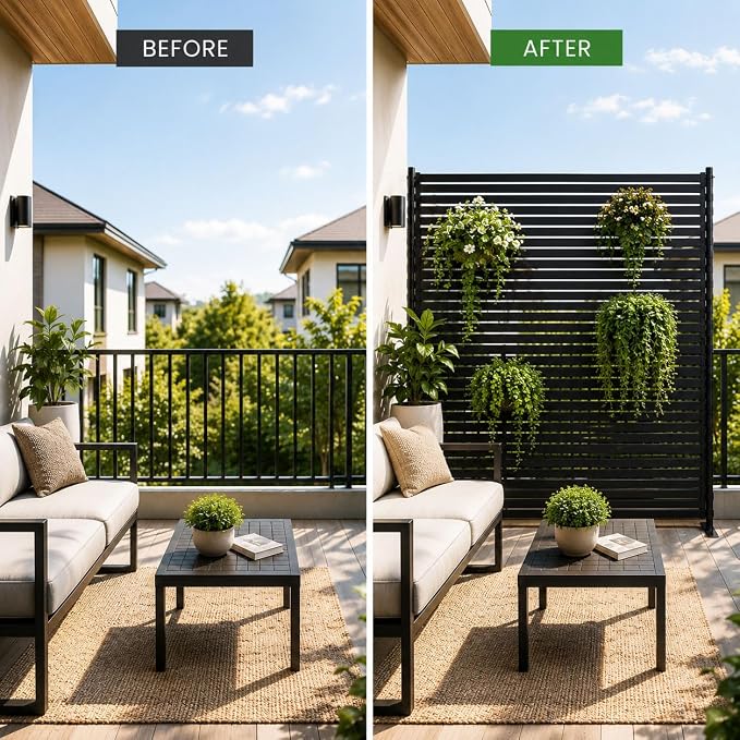 FOLLOOK Metal Privacy Screen Outdoor Freestanding, Poly-Coating Rustproof Metal Decorative Slatted Privacy Screen Fence Panels for Outside Backyard Garden Patio Deck, 48" W x 71" H, Black