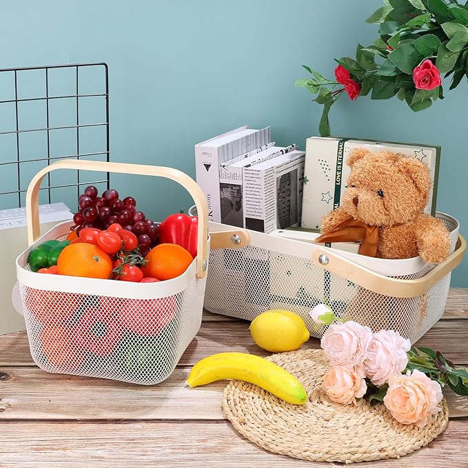 Dualshine 2 Pack Garden Harvest Basket, Metal Mesh Wire Picnic Basket with Handle, Rectangle Garden Baskets for Gathering Vegetables, Fruits, Kitchen, Home Cabinet Closet and Office (White)