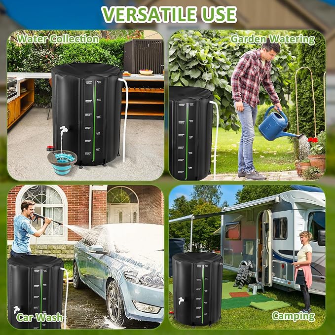 Collapsible Rain Barrel 132 Gallon, Rain Water Collection Barrel, 1000D PVC Rainwater Collection System with Mesh Cover Accessory (Bright Black 132 Gallon)