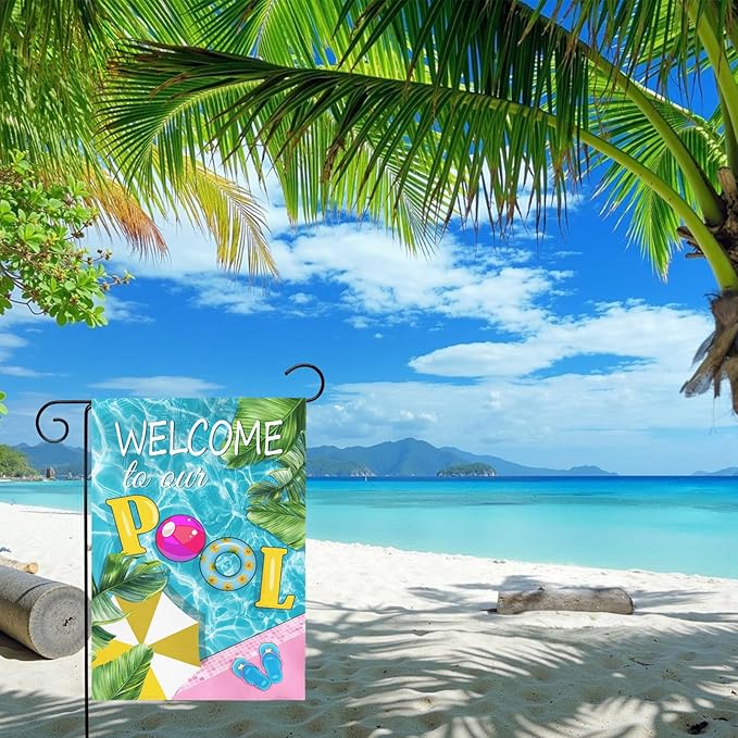 Welcome to Our Pool Garden Flag Vertical Double Sided Summer Swimming Pool Yard Flag Palm Leaf Parasol Garden Flags 12x18 Inch Holiday Party Seasonal Farmhouse Banner Outdoor Decor