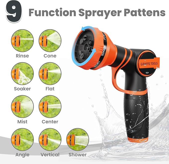 Giraffe Tools Garden Hose 25ft x 5/8", 304 Stainless Steel Metal Water Hose, No Kink Garden Water Hose with 9 Pattern Spray Nozzle, Flexible, Lightweight, Kink Free Hose for Yard, Outdoor