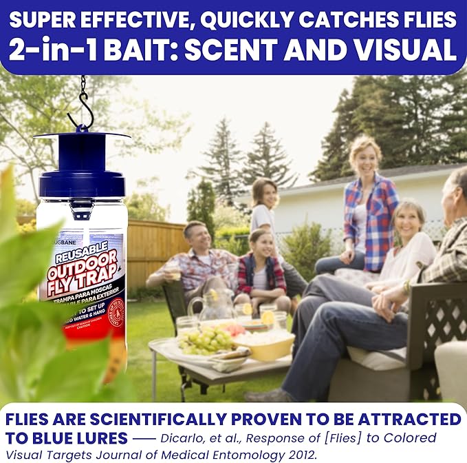 3 Fly Traps Outdoor Fly Trap for Patio with 6 Non-Toxic Dissolvable Bait Refills. Reusable Hanging Bug Catcher Killer for All Filth Flies for Outside Bug Control Yard Ranch. Hanging Chains Included.