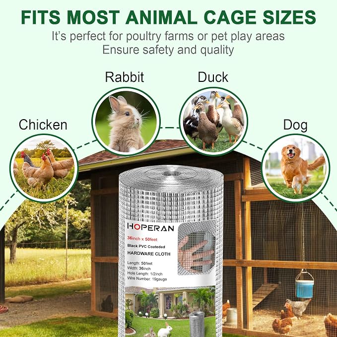 HOPERAN Hardware Cloth 1/2 Inch 36 x 50 ft - 19 Gauge Chicken Wire Fencing Mesh, Hot Dipped Galvanized After Welding, Wire Fence Rolls for Garden Fencing, Gopher Wire Rabbit Wire Poultry Netting