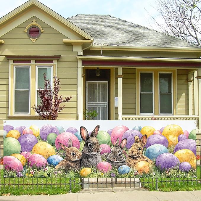 10x3 ft Extra Large Happy Easter Banner Outdoor 115''x35'' Cut Rabbit Banner for Fence Outside Garden Large Bunny Banners Yard