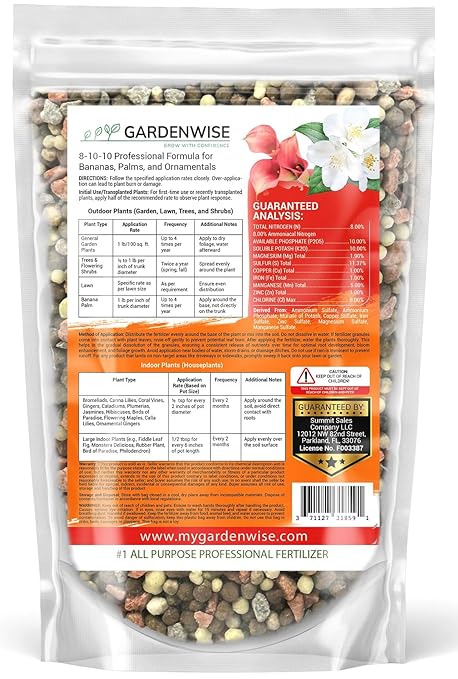GARDENWISE Elite 8-10-10 Professional Fertilizer for Banana, Flowering, and Fruit Trees, Ornamentals - Boosts Flowering & Fruiting - for Indoor & Outdoor Plants (3 QUARTS)