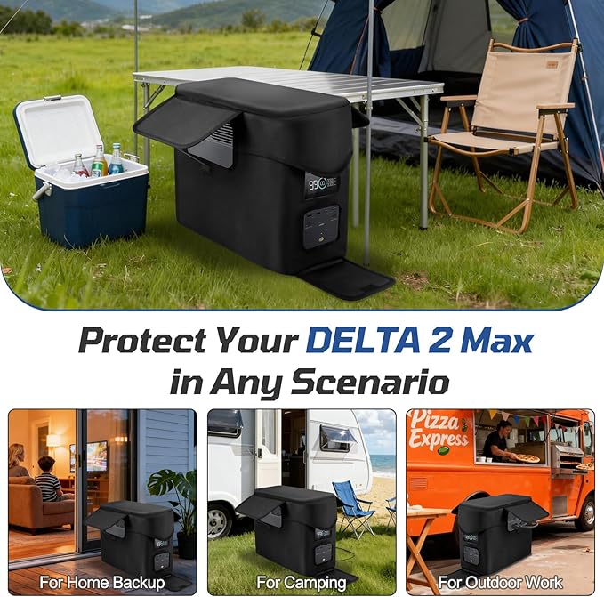 Heavy-Duty Protective Cover Compatible with EcoFlow DELTA 2 Max & Extra Battery, 1680D Waterproof Dustproof Storage Case with Side Accessory Pocket, Precision Fit for Outlets & Ventilation (Black)
