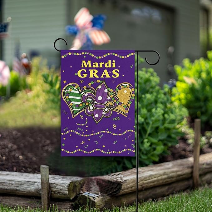Mardi Gras Purple House Flag 28x40 Inch Double Sided Outside Fleur de Lis Welcome New Orleans Carnival Yard Outdoor Flag Banner for Garden Lawn Patio Holiday Decorations