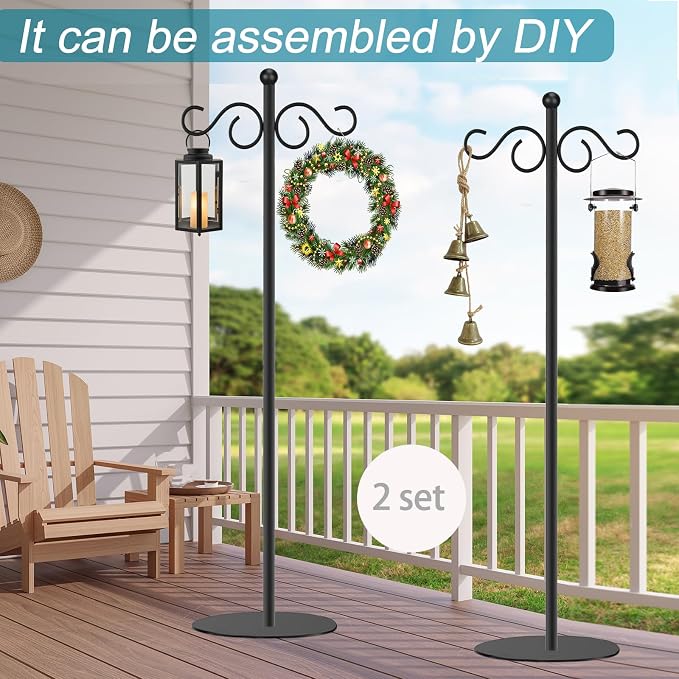 2 Set Shepherd's Hook Stand plant,Bird Feeder,Wind Chime Hanger Stand, Waterproof Metal & Adjustable-Height Standing Pole Holder for Lantern and Wreath, Indoor & Outdoor