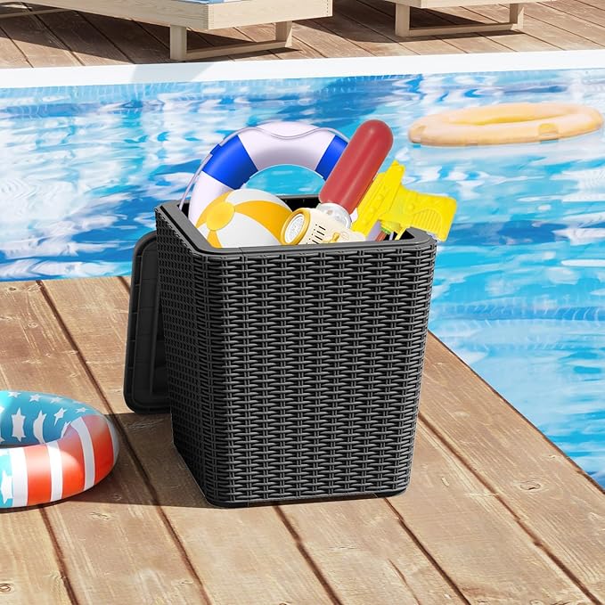 Giantex 11.5 Gallon Deck Box, Outdoor Side Table with Removable Lid, Faux Wicker-Woven, 330Lbs Capacity, Outside Waterproof Storage Box, Resin Rattan Small Coffee Table for Patio Poolside (Black)