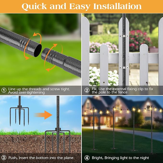 StarryEver 4 Pack String Light Poles, 3M/10FT Adjustable Height Metal Lights Hanging Pole with 2 Hooks and Rustproof, for Yard Patio Decor, Camping, Sun Shades Outdoor, Outside Decor